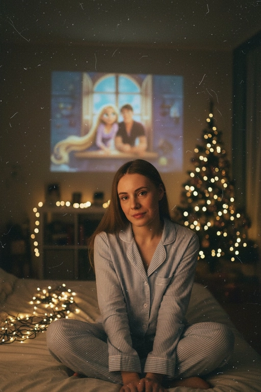 Атмосферный портрет человека, сидящий на кровати в уютной комнате. Не меняй черты лица ни на 1%. Человек смотрит в камеру. На человеке хлопковая голубая пижама в белую полоску. 
Теплое освещение от мерцающих гирлянд и рождественской ёлки. На заднем плане - проекция с фильмом или мультфильмом создающая нотку ностальгии.
Кинематографичный кадр, малая глубина резкости, волшебная и уютная атмосфера. Фото в стиле 90-х, ретро -фильтр. Зернистость Мультфильм - Disney "Рапунцель"