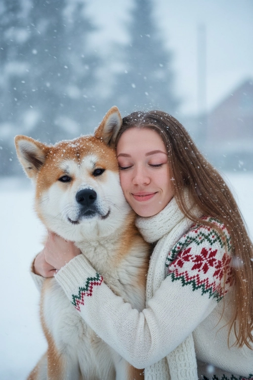 Соответствие лица: сохраняйте точные черты лица, структуру костей, разрез глаз, форму губ, текстуру кожи и оттенок по загруженной фотографии, максимально соответствует индивидуальности] -> Человек с мягкой улыбкой, полузакрытыми от счастья глазами -> нежно обнимает собаку, щека прижата к пушистой шее собаки, обе руки обвиты вокруг груди и шеи собаки, снежинки тают на шерсти и волосах., нежное, любящее выражение лица -> в кремово-белом толстом свитере скандинавской вязки с традиционным красно-зеленым рождественским рисунком на рукавах и воротнике,  в белом вязаном шарфе, свободно повязанном на шее -> на улице в сильный снегопад. В кадре видно морду собаки. Собака породы акита ину.