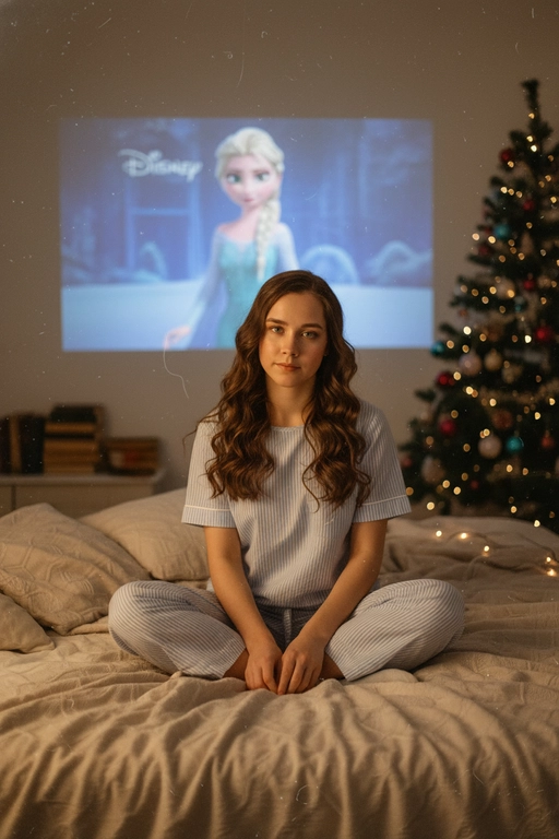 Атмосферный портрет человека, сидящий на кровати в уютной комнате. Не меняй черты лица ни на 1%. Человек смотрит в камеру. На человеке хлопковая голубая пижама в белую полоску. 
Теплое освещение от мерцающих гирлянд и рождественской ёлки. На заднем плане - проекция с фильмом или мультфильмом создающая нотку ностальгии.
Кинематографичный кадр, малая глубина резкости, волшебная и уютная атмосфера. Фото в стиле 90-х, ретро -фильтр. Зернистость Фильм - Disney "Холодное сердце"