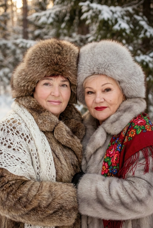 Создай кадр, который представляет собой теплый, уютный, слегка ностальгический зимний портрет в фэшн/фолк-стиле. Атмосфера спокойная, элегантная, дружеская близость двух моделей; сочетание высокой моды (мех, профессиональная ретушь) и фольклорной эстетики (вышитый шарф). Композиция и позирование: Форма кадра: портретный, вертикальный (соотношение примерно 3:4). Расположение: две женщины в центре кадра, тела и головы видны на груди; правая модель немного ближе к камере. Позы: девушки стоят близко друг к другу, левая модель слегка опирается на правую; плечи слегка повернуты к камере. Взаимодействие: мягкая улыбка, закрытое выражение лица, взгляд в камеру; дружелюбный, уверенный тон. Лица и макияж: Кожа: гладкая, естественная текстура, легкий эффект сияния. Глаза: аккуратные блики – оживляют взгляд; нейтральный/теплый макияж теней. Брови: естественная форма, слегка очерчены. Губы: у правой модели насыщенный матовый красный (центральный акцент), у левой – нежно-розовый нюдовый. Волосы: свободные пряди вокруг лица, несколько прядей с легкой волной для естественности. Шапки: большие пушистые меховые шапки с очень четко выраженной текстурой меха; справа – светло-серый мех, слева – коричневый мех. Форма: высокие, округлые, плотно сидят на голове, частично закрывают лоб – создают силуэт и рамку для лица. Верхняя одежда и текстуры: меховые пальто: густой натуральный мех у левой модели коричневый, у правой модели – светло-серый тон с видимым направлением волосков; богатая текстура и объем. У девушки справа на правом плече маленький платок с традиционным русским орнаментом – яркие цветы и листья, на фоне глубокого красного цвета с золотисто-терракотовыми, зелеными деталями; Тонкая бахрома ниспадает на ее плечо. У девушки слева на левом плече небольшой вязаный белый шарф с крупным ажурным узором, что добавляет контраста в текстуре и цвете. Окружение и фон: Лес: темные хвойные деревья, вертикальные силуэты стволов; снег на земле/вдали — размытый фон (боке).