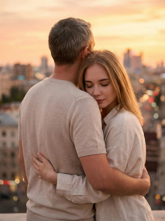 Фотография, запечатлевшая момент нежности между мужчиной и женщиной, сделана на фоне городского пейзажа в лучах заката. Чувствуется тёплая, романтическая атмосфера. Цветовая гамма тёплая, преобладают оттенки оранжевого, розового и бежевого.
Мужчина стоит спиной к камере, на нём надета футболка с коротким рукавом из трикотажа нейтрального светлого оттенка. 
Женщина обнимает мужчину, прижавшись к его спине. На ней надета светлая рубашка свободного кроя. Голова слегка наклонена, глаза закрыты. Поза выражает доверие и близость. Не менять прическу и сохранить черты лица