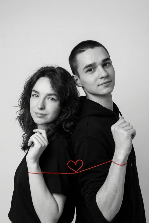 Фотореалистичный чёрно-белый студийный портрет пары, стоящей спина к спине, слегка повернувшись к камере. Оба в минималистичных чёрных образах (худи и футболка), с мягкими уверенными выражениями лица, естественный внешний вид. Тонкая красная нить, связанная вокруг их запястий, соединяет их и образует маленькое сердце между ними. Чистый светло-серый студийный фон, мягкое рассеянное освещение, высокая детализация текстуры кожи, резкий фокус, кинематографичная композиция, вертикальный формат 9:16, минималистичная эстетика, высокое разрешение, профессиональная фотография.