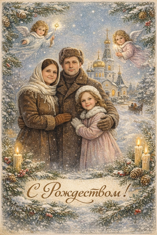 Создай винтажную рождественскую открытку со всеми людьми или одним человеком из предоставленных фотографий. Стиль - советские сказочные открытки 1950-1970-х годов, мягкая живописная иллюстрация, ощущение тепла и уюта. Композиция и формат: • Персонажи остаются в центре композиции • Фон - православная церковь, зимняя сказочная атмосфера Лица: • Лица сохранить максимально похожими на оригинальную фотографию (one-to-one likeness) • Без изменения черт лица, возраста и эмоций • Реалистичное сходство, аккуратная художественная стилизация без искажений. Одежда и образы: • Заменить современную одежду на старинную зимнюю советскую одежду. Если человек- женского пола , то добавь белый платок на голову. ⁠ Декор и детали:  • Хвойные ветки • ангелочки в сказочном стиле, церковные свечки • Лёгкий снег, морозные узоры Цвет и атмосфера: • Светлая, зимняя, мягкая цветовая палитра • Пастельные оттенки, эффект старой бумаги, легкое зерно • Сказочное, теплое новогоднее настроение  • Шрифт - изящный, рукописный, сказочный, в стиле советских открыток. Надпись: «С Рождеством!»