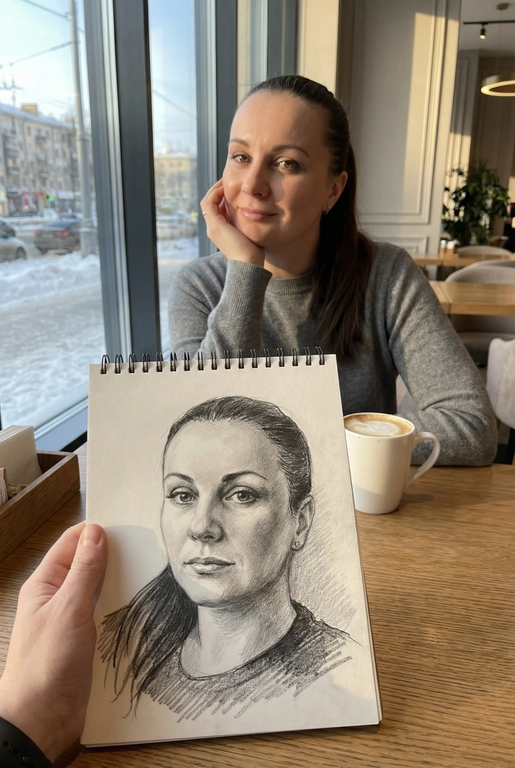 Используя загруженное эталонное фото этого человека, сохрани его черты лица, тон кожи, цвет и длину волос на 100% идентичными исходному изображению. Не меняй форму лица, индивидуальность, возраст или выражение. Сохрани реалистичную текстуру кожи и поры, избегая пластикового сглаживания или чрезмерной ретуши. Создай изображение человека с предоставленной фотографии, не изменяя его внешность и естественные особенности.
Снимок от первого лица: на переднем плане видна рука, держащая карандашный набросок портрета. На заднем плане, в легкой расфокусировке, сидит человек, по образу которого сделан этот рисунок. Композиция создает визуальный диалог между реальностью и искусством.
Человек на фоне смотрит в камеру с легкой, естественной улыбкой, подпирая щеку одной рукой и слегка наклонив голову. Макияж (если присутствует) естественный. На карандашном наброске изображено то же лицо, но с более спокойным, задумчивым и погруженным в себя выражением.
Человек на фоне одет в аккуратную, нейтральную повседневную одежду. На рисунке человек изображен в более свободном, художественном образе.
Сцена происходит в светлом, минималистичном дорогом кафе. Человек сидит за столом. На заднем плане видно большое окно с размытым городским зимним пейзажем. Перед человеком стоит керамическая белая кружка с капучино.
Золотой час. Яркий, но мягкий рассеянный дневной свет из бокового окна падает на лицо человека, создавая естественные блики и мягкие тени, подчеркивая уютную атмосферу.
Фотореалистичный стиль, имитация снимка на смартфон или цифровую камеру с портретным объективом. Малая глубина резкости (эффект боке): карандашный набросок в руке находится в идеальной резкости, а человек и фон — мягко размыты. Карандашный набросок должен выглядеть максимально реалистично, с видимой текстурой бумаги и штриховкой.