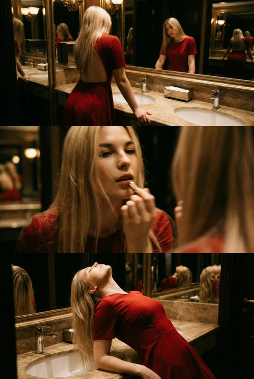 Создай не меняя черты лица. Экстремально реалистичный кинематографичный триптих, как живая серия фотографий из Instagram, снятая в зеркальном туалете дорогого ресторана. Вечер, интимная атмосфера, отражения в зеркалах, приглушённый свет, ощущение роскоши и ускользающего момента. Весь триптих объединён одним образом и единым настроением, с лёгким зерном, как будто кадры сняты в движении, естественно. В верхней части женщина стоит спиной облокотившись на раковину рукой, лицо в тени спина освещена, в отражениях зеркал видна её фигура, на ней одно и то же красное платье с открытой спиной, ткань струится и выглядит дорого, чувственно. Свет мягко скользит по плечам и линии спины, создавая глубокие тени и драматичный силуэт. В средней части экстремально близкий ракурс лица через зеркало, женщина смотрит на своё отражение и поправляет помаду, жест живой и естественный. Лицо частично в фокусе, частично слегка размыто, ощущение движения и дыхания кадра. Пышные ресницы, выразительный взгляд, блики света в зеркале, локоны из пучка падают на лицо, добавляя интимности. В нижней части девушка запрокинула голову и облокотилась о раковину, глаза закрыты, поза расслабленная, уязвимая, словно она на секунду выпала из шумного вечера. Платье то же самое, красное, ткань ловит приглушённый свет, усиливая глубину цвета и теней. Во всех кадрах приглушённое освещение, cinematic lighting, мягкие тени, отражения зеркал, лёгкое зерно и небольшой motion blur без резкой чёткости и глянца. Цвета глубокие, насыщенные, но сдержанные. Общий стиль ультрареализм, кинематографическая эстетика, эффект настоящего Instagram-триптиха, ощущение пойманного момента, живо, чувственно и очень реалистично, как кадры из личного архива.
Не меняй черты лица. Не изменять прическу с исходного фото