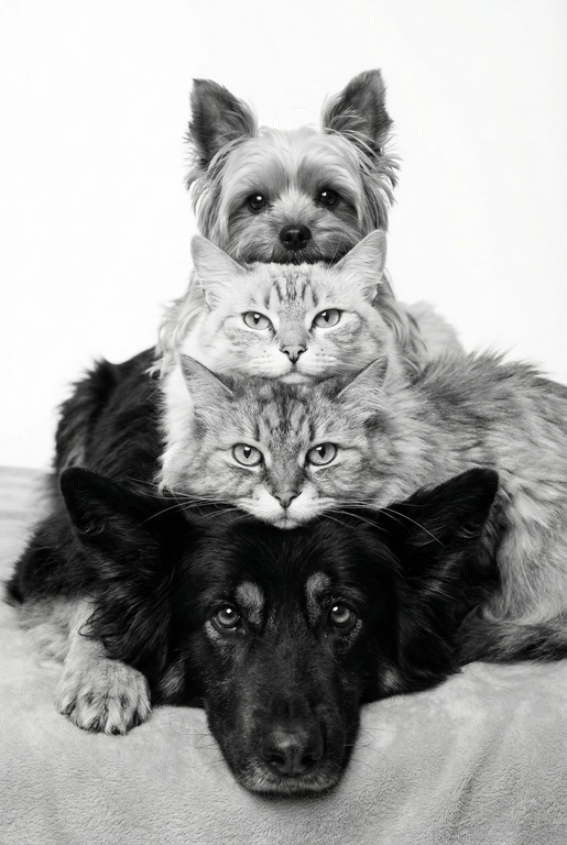 На основе предложенных фотографий, создай чёрно-белый профессиональный студийный портрет для этих людей, снятый сверху (top-down, overhead shot). Сохрани настоящие лица, возраст и индивидуальные черты людей.
Композиция «снизу вверх», шахматный порядок:
﻿﻿самый старший человек находится внизу, как мягкая подушка, его голова опирается на нейтральную студийную поверхность (например, плед или подушка);
следующие люди аккуратно и легко расположены на старшем человеке в шахматном порядке, их голова слегка приподнята, без ощущения давления; ﻿﻿

Несмотря на шахматное расположение, головы выстроены строго в одну вертикальную линию, взгляд в камеру.
Расположи их по убыванию возраста.

Видны только головы и плечи. Выражения мягкие, спокойные, нежные. Одежда однотонная, светлая или нейтральная, элегантная, без чёрного цвета.
Фон - чистый студийный, без пола и лишних деталей, создающий эффект «воздушного» портрета.
Стиль и освещение:
Студийная высококачественная чёрно-белая фотография (high-key).
Мягкий ровный свет сверху, минимум теней. Чистый фон; фотореализм, высокая детализация лиц, аккуратная текстура кожи; 8K.
