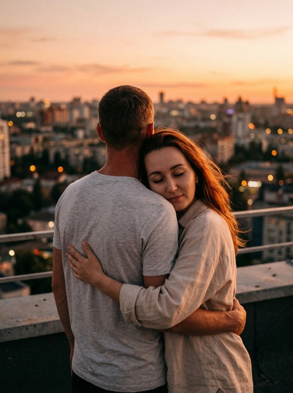 Фотография, запечатлевшая момент нежности между мужчиной и женщиной, сделана на фоне городского пейзажа в лучах заката. Чувствуется тёплая, романтическая атмосфера. Цветовая гамма тёплая, преобладают оттенки оранжевого, розового и бежевого.
Мужчина стоит спиной к камере, на нём надета футболка с коротким рукавом из трикотажа нейтрального светлого оттенка. 
Женщина обнимает мужчину, прижавшись к его спине. На ней надета светлая рубашка свободного кроя. Голова слегка наклонена, глаза закрыты. Поза выражает доверие и близость. Не менять прическу и сохранить черты лица