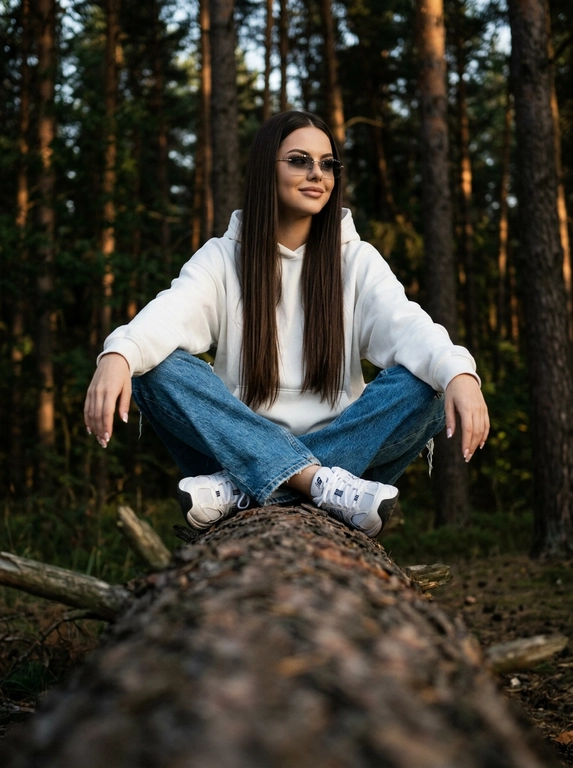 Объектив 35mm, f/1.8, камера расположена очень низко прямо вдоль массивного поваленного дерева, создавая сильную перспективу переднего плана — текстура коры крупно размывается к камере и уводит взгляд к модели. Модель сидит на бревне по-турецки, ноги скрещены перед собой, локти расслабленно опираются на колени, кисти свободно свисают между ног. Корпус слегка подан вперёд, плечи расслаблены, голова повёрнута в сторону, на лице мягкая улыбка без зубов, взгляд направлен вдаль мимо камеры, создавая спокойную уютную атмосферу caught candid moment. На ней белое oversize худи из плотного премиального хлопка с объёмным капюшоном и длинными рукавами, синие свободные джинсы с потёртостями и слегка выцветшей текстурой денима, на ногах белые кроссовки в стиле New Balance с массивной подошвой. На глазах узкие прямоугольные солнцезащитные очки Miu Miu без оправы с серыми зеркальными стёклами. Высокие хвойные деревья вокруг, cinematic forest atmosphere, тёплый вечерний свет проходит сквозь ветви, глубокие тени и мягкие золотисто-коричневые оттенки, moody underexposed fashion photography, intentionally lowered exposure, rich shadows, subtle warm highlights, лёгкая плёночная зернистость, RAW photo, реалистичная текстура кожи, объёмное боке, luxury Pinterest editorial aesthetic.

Какая будет прическа?: Не менять мою прическу