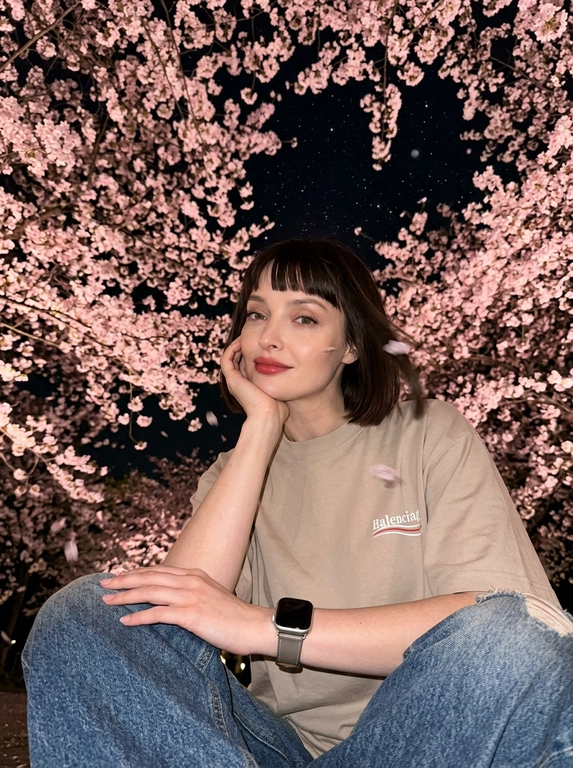 На снимке запечатлена женщина в задумчивой и мечтательной позе ночью, она сидит вполоборота в профиль, мягко подпирая подбородок рукой и устремляя нежный взгляд в камеру, лёгкая динамика ветра, subtle motion blur, темнота, композиция выстроена с драматичного слегка нижнего ракурса, где доминирующим элементом фона выступает пышная крона цветущей сакуры в ночное время, множество нежно-розовых соцветий образуют над головой плотный живой купол, подсвеченный мягким искусственным светом, создавая сказочную интимную уединённую атмосферу ночи, женщина одета в свободную футболку Balenciaga, внизу джинсы свободного кроя из плотного денима с потертостями, на руке часы Apple Watch с ремешком Hermes серого цвета, лицо освещено жёсткой вспышкой которая с гиперреалистичной точностью передает каждую деталь: естественный микрорельеф кожи, изгиб длинных ресниц и нежный макияж с акцентом на губах, палитра объединяет глубокий чёрный цвет ночного неба со звездами и пудрово-розовые тона лепестков, фотореализм, waist shot, low angle, 35mm, iPhone 16 Pro Titanium.

Какого цвета будет футболка?: бежевая