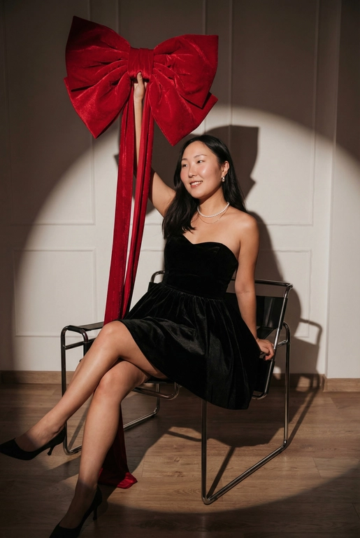 Создай фэшн-фото человека крупным планом до колен, позирующего на стуле под направленным светом прожектора на фоне стены с лепниной, как на референсном изображении. Черты лица, пол, комплекция, возраст и цвет волос должны быть такими же, как на референсе. Драматичное сценическое освещение с выраженным световым пятном и мягкими тенями. Человек сидит уверенно и расслабленно. Одна нога на сидении,  другая на полу. В руках человек держит очень большой красный бархатный бант над головой — жест выглядит игриво и символично, создавая ощущение, что человек сам является подарком. У банта длинные ленты («ножки»), которые свободно и естественно ниспадают вниз. Взгляд направлен немного в сторону, мягкая улыбка. Общая атмосфера: high-fashion, новогодний гламур, рождественское настроение. Стиль журнальной съёмки, кинематографичный свет, высокая детализация, чистая композиция, профессиональная студийная фотография. На человеке короткое черное бархатное мини-платье с пышной юбкой и прямым лифом.