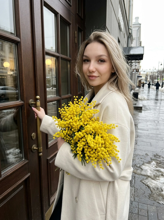 Сохранить черты лица и внешность, возраст, натуральный тон без ретуши. Средне-крупный план (от талии вверх), камера слева от женщины, лицо занимает не менее 35% кадра. Женщина стоит у входа в городское кафе с деревянной дверью и стеклянными вставками, корпус слегка развернут в 3/4 к камере. Лицом к двери, одной рукой держит ручку закрытой двери, другой прижимает к груди огромный пышный букет ярко-жёлтой мимозы. На ней элегантное светлое пальто (молочный оттенок), свободный крой. Волосы как на исходном фото слегка взъерошены ветром Мягкое выражение лица, лёгкая улыбка, взгляд в камеру. Атмосфера начала весны: тающий снег по краям улицы, влажный асфальт, мягкий рассеянный дневной свет, лёгкая прохлада в воздухе. Цветовая палитра нейтральная с ярким акцентом жёлтой мимозы. Фотореализм, натуральная текстура ткани и цветов, без HDR, без пластика, мягкий контраст, 35mm look.