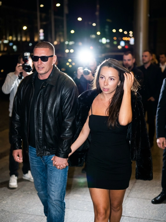 Ultra-realistic nighttime paparazzi-style photograph. A candid shot of a couple walking at night. The woman walks in front, brushing her hair back with one hand, while the man walks slightly behind her at a diagonal angle. They are holding hands. The camera is positioned slightly above eye level with a close zoom.
Preserve the celebrity magazine photography aesthetic exactly.
The faces MUST NOT change. The original facial features, eyes, nose, lips, hairline, and skin texture must remain completely identical. There should be no AI-generated look.

The man is wearing a loose oversized black leather jacket and Ray-Ban sunglasses. Charismatic, wealthy, and stylish look.
The scene is shot at night with a harsh paparazzi flash. In the background, there are blurred city lights and the atmosphere of a luxury venue. The photo should look as if a celebrity couple was secretly photographed by paparazzi, natural yet professionally captured.
Canon EOS R5, 85mm lens, ultra-realistic skin texture, cinematic lighting, natural motion, Vogue and celebrity magazine aesthetic.
IMPORTANT:
* The woman walks in front, the man walks behind.
* The woman appears to be brushing her hair back with one hand.
* The woman and man are holding hands.
* The shot should look as if a paparazzi flash has just fired.
* Do not alter, beautify, or transform the faces into different people.

Выберите одежду для девушки: : The woman is wearing a black mini dress with straps in a luxury style: extremely elegant, with a short black fur cape over the dress, it is casually worn by the woman, a luxurious minimalist look.