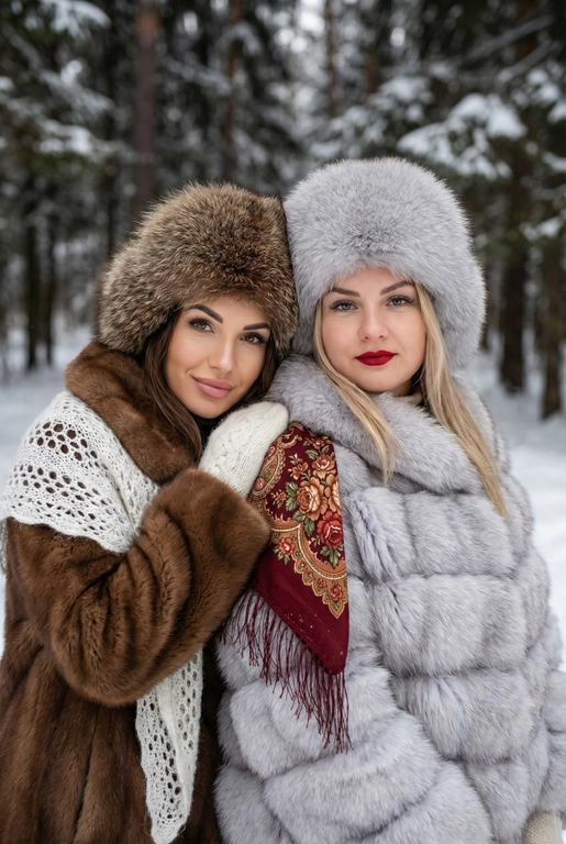 Создай кадр, который представляет собой теплый, уютный, слегка ностальгический зимний портрет в фэшн/фолк-стиле. Атмосфера спокойная, элегантная, дружеская близость двух моделей; сочетание высокой моды (мех, профессиональная ретушь) и фольклорной эстетики (вышитый шарф). Композиция и позирование: Форма кадра: портретный, вертикальный (соотношение примерно 3:4). Расположение: две женщины в центре кадра, тела и головы видны на груди; правая модель немного ближе к камере. Позы: девушки стоят близко друг к другу, левая модель слегка опирается на правую; плечи слегка повернуты к камере. Взаимодействие: мягкая улыбка, закрытое выражение лица, взгляд в камеру; дружелюбный, уверенный тон. Лица и макияж: Кожа: гладкая, естественная текстура, легкий эффект сияния. Глаза: аккуратные блики – оживляют взгляд; нейтральный/теплый макияж теней. Брови: естественная форма, слегка очерчены. Губы: у правой модели насыщенный матовый красный (центральный акцент), у левой – нежно-розовый нюдовый. Волосы: свободные пряди вокруг лица, несколько прядей с легкой волной для естественности. Шапки: большие пушистые меховые шапки с очень четко выраженной текстурой меха; справа – светло-серый мех, слева – коричневый мех. Форма: высокие, округлые, плотно сидят на голове, частично закрывают лоб – создают силуэт и рамку для лица. Верхняя одежда и текстуры: меховые пальто: густой натуральный мех у левой модели коричневый, у правой модели – светло-серый тон с видимым направлением волосков; богатая текстура и объем. У девушки справа на правом плече маленький платок с традиционным русским орнаментом – яркие цветы и листья, на фоне глубокого красного цвета с золотисто-терракотовыми, зелеными деталями; Тонкая бахрома ниспадает на ее плечо. У девушки слева на левом плече небольшой вязаный белый шарф с крупным ажурным узором, что добавляет контраста в текстуре и цвете. Окружение и фон: Лес: темные хвойные деревья, вертикальные силуэты стволов; снег на земле/вдали — размытый фон (боке).
