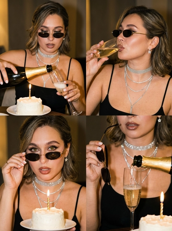 Коллаж из четырёх фото девушки в очках на празднике