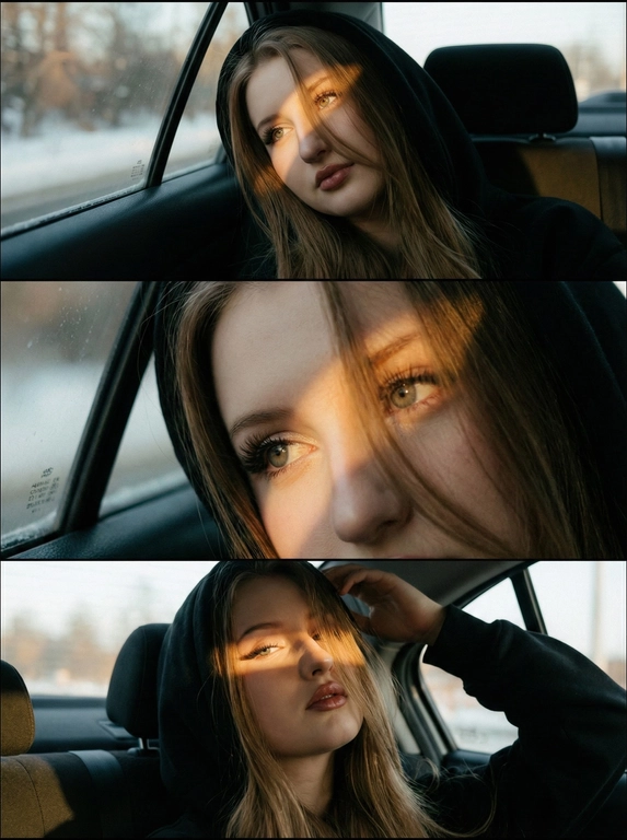   Не меняй черты лица, оставь их точь в точь как на загруженном фото, в том числе макияж и волосы.
Композиция из триптиха изображает женщину она едет на машине на заднем сидении около окна зимой  в золотой час 
На ней худи чёрное с капюшоном на голове Фото по пояс 
На верхнем кадре портрет лица крупным планом, женщина смотрит в окно расслабленно облокотилась о стекло , солнце полосой освещает лицо
На центральном кадре близкий ракурс  глаз девушки той же , взгляд в сторону лежит так же как и выше 
На нижнем кадре портрет крупным планом девушки, голова запрокинута назад поправляет волосы,  солнце полосой освещает глаза 
На всех кадрах её волосы падают на лицо закрывая часть 
Цветовая палитра приглушена
Общий стиль наводит на романтику. Присутствует видимая зернистость. На каждом кадре попадает солнечный свет
На каждом кадре кинематографический эффекта с добавлением зерна
Прическа везде одна