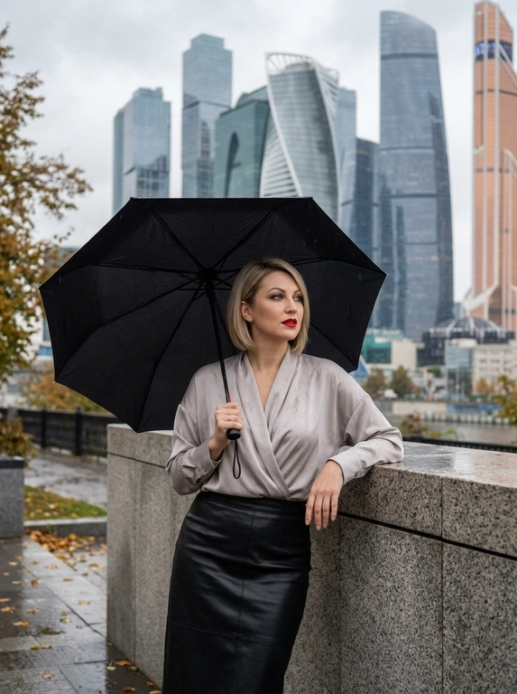 Городской портрет. Женщина у каменного ограждения на фоне башен «Москва-Сити». Корпус и тело женщины повернуты прямо к камере. Женщина стоит у современного каменного ограждения, строго опершись на него правым локтем и смотря в сторону-вправо. В левой руке раскрытый чёрный зонт, женщина находится под зонтом.

Фон: за спиной возвышаются небоскрёбы делового центра «Москва-Сити» под пасмурным дождливым небом. Вокруг холодная осенняя атмосфера. Мягкий рассеянный свет подчёркивает текстуру камня и грани стеклянных башен. Стиль lifestyle-блога.

Камера: объектив 85mm, f/2.2, ISO 100, RAW. Звенящая резкость на волосах, каменном парапете и ресницах. Visible pores, no plastic skin, no AI smoothing.

Запрет: каких-либо металлических поручней и перил.

Одежда: Свободная атласная блузка холодного молочно-серого оттенка с мягкой драпировкой и длинными рукавами. Низ — чёрная кожаная юбка миди прямого кроя с высокой посадкой и небольшим разрезом.