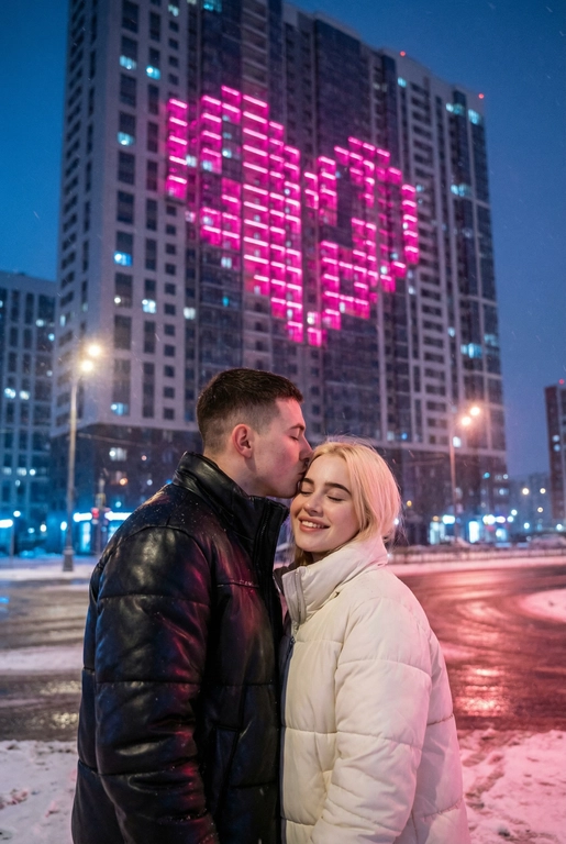  Создай не меняя черты лица. Романтический снимок пары, стоящей на заснеженной городской улице поздним вечером. Главный объект – крупный план пары: мужчина в черной кожаной дутой зимней куртке нежно целует женщину в белой дутой куртке в лоб, она стоит с прикрытыми глазами, улыбаясь. За ними возвышается массивный современный жилой небоскреб, на фасаде которого окна на нескольких этажах подсвечены ярким  светом, формируя огромное пиксельное сердце. Освещение драматичное, контрастное, с преобладанием холодных тонов в небе и тёплого, неонового розового свечения от здания. Снег на земле отражает свет. Урбанистическая, зимняя, кинематографическая фотография, атмосферный кадр.