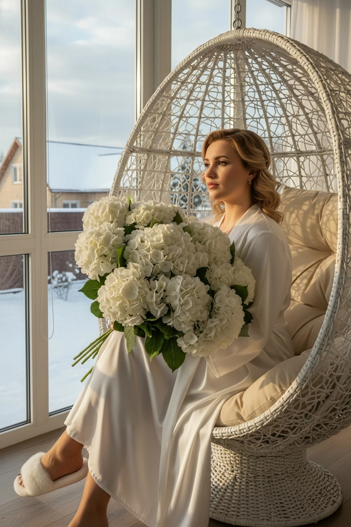 Гиперреалистичная фотография женщины, зима, сидящей полубоком на закрытой веранде с видом на дом в кресле коконе белом и держащей в руках очень большой, пышный букет, состоящий из множества белых цветов — круглых, густых, многоцветковых, с пышными соцветиями и зелеными листьями. Букет объемный, он явно состоит из десятков отдельных гортензий, а не из единого бутона. в ушах маленькие красивые серьги. ногти молочного цвета. Волосы с аккуратной легкой укладкой. 
На ней халат шелковый как кимоно в пол на ногах пушистые тапки.
Ее макияж выполнен в стиле мягкого глэма: сияющая кожа. Она позирует в полупрофиль.
Золотистый естественный свет проникает сбоку, отбрасывая резкие, но мягкие тени на складки ткани . Цвет халата - белый, цвет тапок - белый 