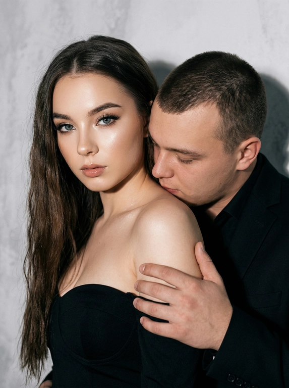 Не меняя черты лица, студийная fashion-съемка пары в минималистичном интерьере с серо-белым фоном, атмосфера гламура и интимной близости, ракурс — крупный портрет по грудь с легким поворотом корпуса, женщина на переднем плане, мужчина позади склоняется к её плечу, поза — она слегка отвернута от камеры с прямым взглядом, он касается лицом её шеи/плеча, одежда — на женщине черный корсет/бандо с открытыми плечами, на мужчине классический черный пиджак и рубашка, макияж — glam (ровный сияющий тон, сильный хайлайтер, четкий контуринг, стрелки, густые ресницы, глянцевые губы), свет — жесткая фронтальная вспышка + мягкий заполняющий свет, выраженные тени позади, эффект flash photography / editorial, холодно-нейтральная цветокоррекция с контрастом и глянцем кожи, высокая детализация, slight film grain, shallow depth of field, съемка на Canon EOS R / 50mm, f/2.0, direct flash, studio look.