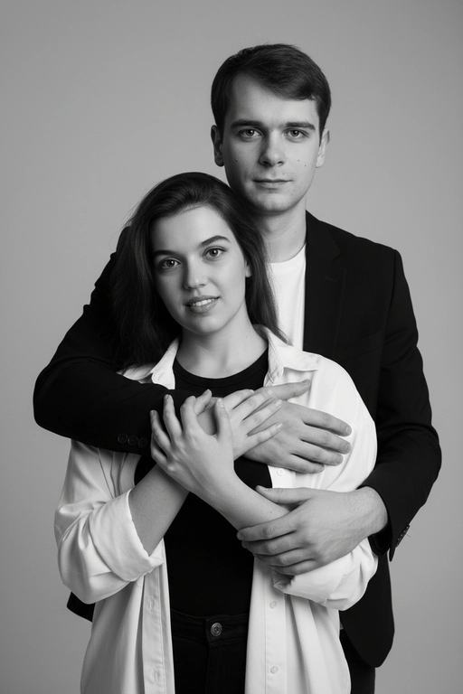 Черно-белый портрет мужчины и женщины в стиле фэшн фотосессии в фотостудии. Не изменяйте лица. Фон нейтральный, однотонный, светло-серый. Атмосфера интимная и спокойная. На переднем плане женщина. Вся композиция выполнена в приглушенной монохромной гамме со студийным освещением, которое подчеркивает текстуру кожи и одежды. Её руки лежат на груди мужчины. Мужчина обнимает женщину сзади, положив свою руку поверх её руки.

Она одета в черный топ, белую оверсайз рубашку. Мужчина одет в  классическом черном пиджаке и белой футболке.
