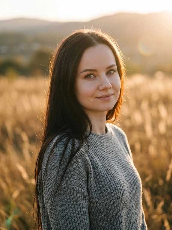 Плёночная эстетика, лёгкая зернистость, мягкая дымка, небольшой естественный шум. portrait of a model, natural skin texture with pores and subtle micro-imperfections, realistic skin rendering, shot on Fujifilm GFX 100, 100mm lens, shallow depth of field, subsurface scattering, soft warm sunset light, rim light, Tyndall effect, unedited look. Фотореалистичный вертикальный портрет модели в три четверти, кадр по пояс, она стоит в поле золотой сухой травы на закате, тёплый контровой свет подсвечивает волосы и создаёт мягкий ореол вокруг головы, на ней уютный вязаный свитер. Фон — мягко размытые стебли трав и дальние холмы с красивым боке. Композиция офф-центр, персонаж смещён вправо. Акцент текстуре света и атмосфере. Тёплая золотая цветовая палитра, кинематографичная цветокоррекция в стиле Kodak Portra, высокая детализация, фотореализм.

Цвет свитера?: Цвет свитера серый