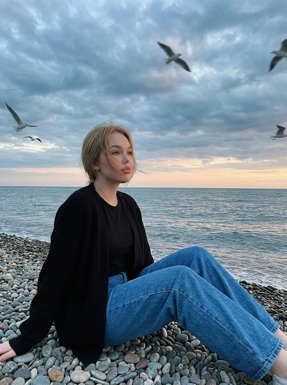 Сохранить внешность 1:1 - лицо, черты, пропорции, возраст, текстуру кожи; фото - единственный эталон. формат 3:4. Атмосферная морская сцена на закате: драматичное облачное небо, холодные голубо-серые оттенки с мягким персиковым у горизонта. Модель сидит боком на гальке у линии прибоя, корпус развернут к морю, взгляд в сторону моря. Ветер растрёпывает волосы, лицо частично перекрыто прядями (волосы развиваются ТОЛЬКО ЕСЛИ они длинные, прическа сохраняется с фото 1:1). в небе летают чайки, часть с лёгким motion blur. Одежда: чёрная базовая футболка, чёрный вязаный кардиган свободной посадки, свободные синие джинсы прямого кроя. Съёмка на винтажную плёночную камеру Kodak, объектив 35mm. Цвет в стиле Kodak Portra 400: матовые тени, мягкий контраст, натуральная цветопередача, лёгкая десатурация, выраженное плёночное зерно. Editorial-композиция, высокий фотореализм, 4K.