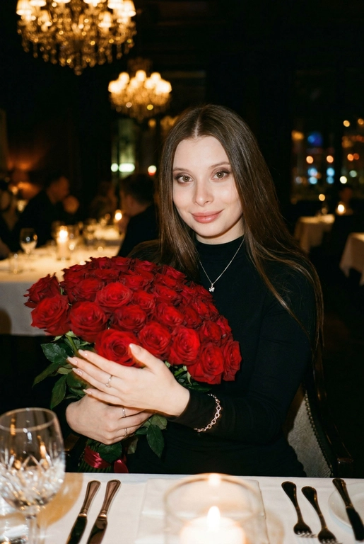 Женщина в дорогом ресторане сидит за сервированным столиком. Не меняй внешность, цвет волос и стрижку. Темное фото, теплые огни. В руках у нее огромный букет из 51 красной розы. Спонтанное фото в движении, немного смазано. Гламурный, но естественный макияж, серебряный браслет на руке, кольца, нежный маникюр. На шее тонкая серебряная цепочка и маленький кулон. Она смотрит в камеру, легкая улыбка.

Она одета в черное платье с закрытой шею и  и рукавами. В руках лилии