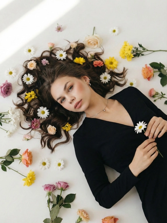   На изображении изображена женщина, лежащая на белом фоне. Она одета в черное платье с длинными рукавами и декольте. У нее темные, волнистые волосы, распущенные по фону. В волосах и рядом с ней разбросаны различные цветы: маргаритки, розы, желтые цветы и другие.
У женщины выразительный макияж, подчеркивающий ее глаза и скулы. На ней серьги. Свет падает на нее сверху слева, создавая мягкие тени на лице и теле. Она держит в руке ромашку.
В целом, фотография имеет нежную и романтичную атмосферу, благодаря цветам и мягкому освещению.
