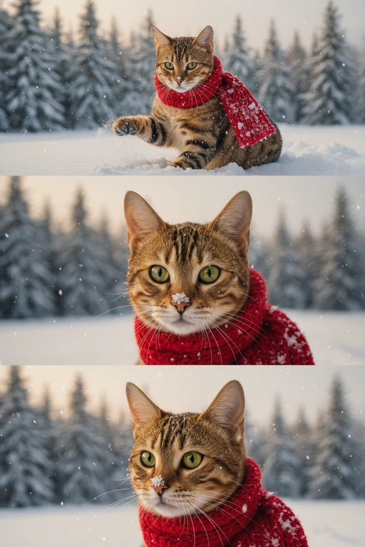     Коллаж из 3-Х фото моего питомца на зимнем фоне в снегу. Питомец в вязаном шарфе, вокруг падает снег, на заднем плане заснеженный лес.

Первый кадр — питомец в полный рост. Он играется со снегом 

Второй кадр — крупный план, увеличенный кадр мордочки питомца с одной снежинкой на носике. Мордочка питомца занимает весь кадр, взгляд прямо в камеру 
 
Третий кадр - портрет питомца, он смотрит в левую сторону. На фото виден шарф, на шарфу есть снежинки 

Три кадра объединены в вертикальный коллаж в едином тоне и свете. Атмосфера — реалистичная, теплая и немного кинематографичная.
Свет мягкий, утренний.  Цвет шарфа - красный 