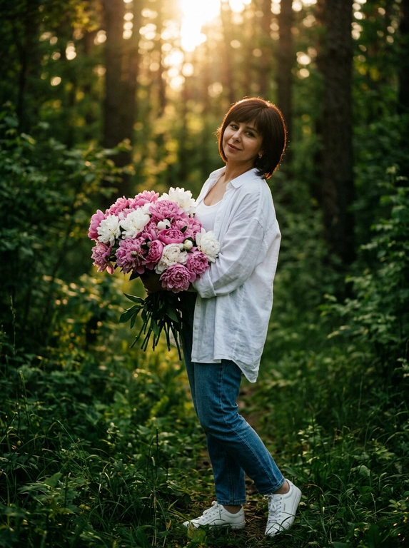 Кинематографичная фотореалистичная photography модели в лесу летом, снятая на Hasselblad X2D II 100C, 85mm lens, f/1.8, medium full shot, камера расположена на уровне талии и слегка сбоку. Модель стоит на узкой лесной тропинке среди густого зелёного леса, повернувшись вполоборота через плечо к камере. В руках она нежно прижимает к себе огромный букет цветов, отдельные ветки частично закрывают плечо и грудь. Выражение лица спокойное и чувственное, еле заметная улыбка, губы расслаблены, взгляд направлен прямо в камеру. На ней свободная белая длинная льняная рубашка oversize с длинными рукавами, натуральная слегка мятая ткань красиво подсвечивается солнцем. Кожа ровная, сияющая, с лёгким естественным загаром и realistic skin texture без plastic skin. Макияж soft natural glam: мягкий contouring, пушистые brows, длинные натуральные ресницы, subtle warm glow на коже. Тёплый золотой свет закатного солнца проходит сквозь деревья и создаёт cinematic backlight вокруг силуэта, мягкие солнечные блики на сирени и ткани одежды, глубокие зелёные тени в лесу. Атмосфера тихая, живая и немного dreamy, будто кадр из арт-фильма. Moody underexposed forest photography, warm golden highlights, rich deep greens, soft haze, subtle film grain, luxury Pinterest editorial aesthetic, ultra photorealistic RAW quality.

Какие будут цветы?: В руках пионы

Доп. характеристики: Не менять фигуру, цвет волос и не менять прическу. Надеты джинсы голубые , белая майка и белые кроссовки