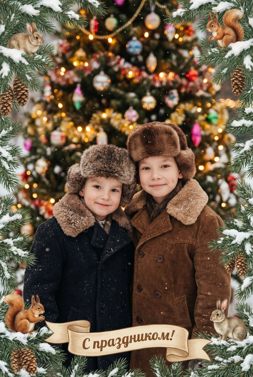   создай новогоднюю фотографию в стиле советского фильма: лица максимально похожи на исходное фото, на улице, в старой зимней одежде (пальто/шуба с меховым воротником, меховая шапки из ондатры или норки). Идёт снег. На фоне размытая украшенная советскими стеклянными игрушками ёлка с гирляндами и тёплыми огоньками. Внизу бежевая декоративная лента с надписью. Рамка по краям из еловых веток со снегом, добавить шишки, белочек и зайчиков. Атмосфера уюта и ностальгии, мягкие кистевые мазки, тонкая плёночная зернистость, мягкая глубина резкости. Надпись на ленте: "С праздником!"