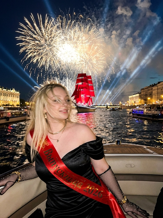 Создай портрет. Ночной экстремально близкий портрет в стиле дорогого fashion-снимка, крупный план, ощущение случайно пойманного момента. Модель, сидящая в энергичной позе на роскошной лодке, плывущей по каналам Санкт-Петербурга во время праздника - "Алые паруса". Волосы развиваются от ветра, слегка на лице. Шикарный вечерний макияж, у нее еле заметная улыбка. 

На заднем плане воды канала, отражающие на горизонте появляются исторические здания, характерные для Санкт-петербурга, рядом с лодкой плывет огромное количество парусных лодок, маленьких яхт, туристических лодок и небольшие лодки вдалеке. Интерьер лодки изысканный. На фоне разводной мост и в центре внимания огромный известный корабль с алыми парусами, паруса подсвечены, с корабля красиво бью прожектора, он в центре внимания, выглядит величественно. Здания подсвечиваются. Все небо залито огромным количеством салютов и фейерверков, а так же светом прожекторов, салюты во весь кадр

Кадр намеренно неидеальный: сильный motion blur, длинная выдержка, высокий ISO, выраженное зерно. Жёсткий контраст, кинематографичная небрежность, ощущение ночи, роскоши и живого, спонтанного кадра. Атмосфера праздника, величественного события. Модель сидит грациозно прямо к кадру, голова повернута в сторону, лицо немного размазано из-за движения, девушка в расфокусе, не смотрит в кадр. Весь фокус на корабле с алыми парусами, они четко подсвечены.

Атласная красная лента "Выпускница 2026"?: На ней атласная красная лента "Выпускница 2026"

Какое будет платье?: Она одета в черное очень приталенное атласное черное платье ниже колена с открытыми плечами, на ней длинные перчатки из сетки со стразами; золотые сверкающие серьги, тонкая золотая цепочка-ожерелье.