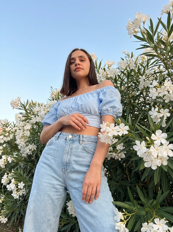 Фотореалистичная летняя fashion-съёмка женщины среди цветущих белых олеандров в средиземноморском стиле. Камера расположена очень низко, практически на уровне талии женщины, и направлена вверх под углом около 65 градусов. Выраженный low-angle shot. Женщина возвышается над камерой и занимает центральную часть кадра. Корпус слегка развёрнут в сторону. Одна рука расслабленно опущена вдоль тела и касается пояса, вторая рука свободно согнута перед собой в естественной fashion-позе. Голова слегка поднята вверх. Женщина смотрит поверх камеры уверенным расслабленным взглядом. Макияж в стиле clean girl aesthetic: натуральные брови, лёгкий контуринг. Женщину со всех сторон окружают густые ветви белого цветущего олеандра. Цветы и листья образуют естественную рамку вокруг модели. Большая часть верхней половины кадра заполнена чистым светло-голубым небом. Съёмка ведётся объективом 35mm. Естественное мягкое вечернее освещение перед закатом, без жёстких теней. Высокая детализация кожи, ткани, цветов и листвы. Кинематографичная обработка в стиле Mediterranean summer editorial, soft film look, Kodak Portra 400 color grading, пастельные голубые и кремовые оттенки, мягкий контраст, лёгкое плёночное зерно, effortless luxury aesthetic, vacation fashion photography, candid editorial style, ultra realistic details.

Какая будет одежда? : На ней укороченный голубой топ с открытыми плечами и объёмными короткими рукавами, светло-голубые широкие джинсы с высокой посадкой.

В очках или без?: Без очков