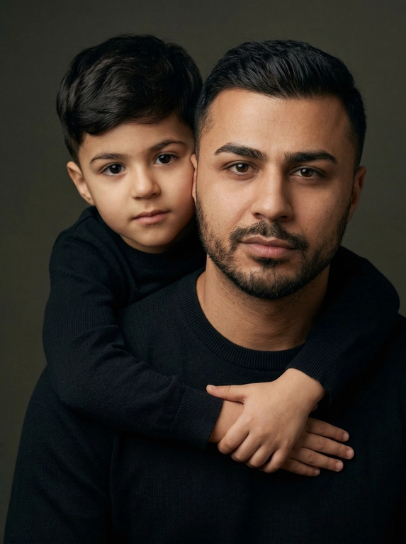 Создай портретный студийный кадр из фотосессии отца и сына. Сын обнимает отца сзади, лежа подбородком на его плече, руки мягко сомкнуты на груди мужчины. Оба смотрят прямо в камеру. Естественные спокойные эмоции, лёгкая серьёзность во взгляде.
Одежда — однотонные чёрные лонгсливы или свитера без принтов. Тёмный нейтральный фон (глубокий серо-оливковый или графитовый). Мягкий направленный студийный свет с лёгкой теневой глубиной, акцент на лицах, тёплая естественная цветокоррекция, высокая детализация кожи, натуральная текстура без излишней ретуши.
Кадр — крупный или средний план, плотная композиция, лица расположены близко друг к другу. Атмосфера — тёплая, камерная, эмоциональная, ощущение близости и доверия. Профессиональная съёмка, 85mm lens, shallow depth of field, cinematic portrait, ultra realistic.