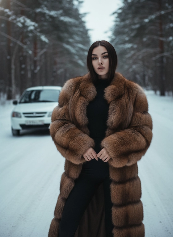 Создай, не меняя черты лица. Реалистичный снимок, высокая детализация лица, кадр на заснеженной лесной дороге при холодном мягком зимнем освещении, подчёркивающем контраст суровой природы и гламура.  
Портретная съёмка. Женщина стоит у машины, смотрит в камеру. На ней чёрный облегающий комбинезон с длинными рукавами и высоким горлом, длинная, объёмная, натуральная меховая шуба коричневого цвета с фактурой, руки перед собой. Свет и тени акцентируют линии тела и стройность позы, мощная машина на фоне сочетает индустриальную холодность с природной суровостью. Снег покрывает землю, создавая контраст тепла меха и мороза, придавая атмосфере таинственность и силу. Цвета — приглушённые тёмные и естественные с акцентом на чёрное и коричневое, как кадр из кинематографичного модного фотопроекта, фотореалистичное, высокая текстурная детализация, 4К. Сзади автомобиль лада гранта белая