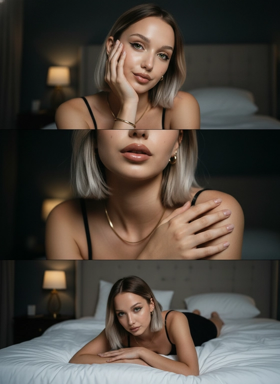 ВЕРТИКАЛЬНЫЙ КОЛЛАЖ ИЗ ТРЕХ КИНЕМАТОГРАФИЧНЫХ КАДРОВ, ИМИТИРУЮЩИХ СЪЕМКУ НА ПЛЕНОЧНУЮ КАМЕРУ СО ВСПЫШКОЙ. МОЛОДАЯ ДЕВУШКА С ЗАГРУЖЕННОЙ ФОТОГРАФИИ ЛИЦО НЕ ИЗМЕНЯТЬ ПОЗИРУЕТ НА КРОВАТИ В УЮТНОЙ, НО СОБЛАЗНИТЕЛЬНОЙ ДОМАШНЕЙ ОБСТАНОВКЕ. ЭСТЕТИКА"НОЧНОГО ЛАЙФСТАЙЛА" И "МЯГКОГО ГЛАМУРА". ПЕРСОНАЖ И ВНЕШНОСТЬ:
ВНЕШНОСТЬ: ДЕВУШКА С короткими ПРЯМЫМИ ВОЛОСАМИ. У НЕЕ ВЫРАЗИТЕЛЬНЫЕ ЗЕЛЁННЫЕ ГЛАЗА С ЛЕГКИМ МАКИЯЖЕМ «КОШАЧИЙ ГЛАЗ», СИЯЮЩАЯ КОЖА (DEWY SKIN EFFECT) И ПУХЛЫЕ ГУБЫ С ВЛАЖНЫМ БЛЕСКОМ.АКСЕССУАРЫ: ЗОЛОТОЙ БРАСЛЕТ-ОБРУЧ НА ЗАПЯСТЬЕ, ТОНКАЯ ЗОЛОТАЯ ЦЕПОЧКА НА ШЕЕ И ЛАКОНИЧНЫЕ СЕРЬГИ-КОЛЬЦА.ОДЕЖДА: ЧЕРНЫЙ БАЗОВЫЙ ТОП НА ТОНКИХ БРЕТЕЛЯХ, ПОДЧЕРКИВАЮЩИЙ ФИГУРУ.КОМПОЗИЦИЯ КОЛЛАЖА:ВЕРХНИЙ КАДР: ПОРТРЕТ СРЕДНИМ ПЛАНОМ. ДЕВУШКА ПОДПИРАЕТ ЩЕКУ РУКОЙ, ГЛЯДЯ В КАМЕРУ И МИЛО НАДУВ ГУБЫ.СРЕДНИЙ КАДР: ЭКСТРЕМАЛЬНЫЙ КРУПНЫЙ ПЛАН (MACRO). АКЦЕНТ НА ГУБАХ С ПРОЗРАЧНЫМ БЛЕСКОМ, НИЖНЕЙ ЧАСТИ ЛИЦА И РУКЕ С ЗОЛОТЫМ БРАСЛЕТОМ.ДЕВУШКА КОКЕТЛИВО КАСАЕТСЯ ПЛЕЧА.3. НИЖНИЙ КАДР: ДЕВУШКА ЛЕЖИТ НА ЖИВОТЕ НА БЕЛЫХ ПРОСТЫНЯХ, ГОЛОВА НА РУКАХ, ВЗГЛЯД НАПРАВЛЕН ПРЯМО В ОБЪЕКТИВ. ВОЛОСЫ РАССЫПАНЫ ПО ПОДУШКАМ.ОКРУЖЕНИЕ И СВЕТ:
ФОН: ТЕМНАЯ СПАЛЬНЯ, БОЛЬШАЯ КРОВАТЬ С БЕЛЫМ ПОСТЕЛЬНЫМ БЕЛЬЕМ И МЯГКИМ ИЗГОЛОВЬЕМ. НА ЗАДНЕМ ПЛАНЕ ВИДЕН ПРИГЛУШЕННЫЙ ТЕПЛЫЙ СВЕТ НОЧНИКА.ОСВЕЩЕНИЕ: ЭФФЕКТ ПРЯМОЙ ЯРКОЙ ВСПЫШКИ (DIRECT FLASH PHOTOGRAPHY). КОТОРЫЙ СОЗДАЕТ ГЛУБОКИЕ ТЕНИ НА ФОНЕ И ПРИДАЕТ КОЖЕ ГЛЯНЦЕВЫЙ БЛЕСК.ТЕХНИЧЕСКИЕ ПАРАМЕТРЫ СТИЛЯ:
СТИЛЬ: РЕАЛИСТИЧНОЕ ФОТО (PHOTOREALISTIC), ЭСТЕТИКА 2000-Х ИЛИ СОВРЕМЕННЫХ СОЦСЕТЕЙ (PINTEREST/INSTAGRAM AESTHETIC).
ТЕКСТУРА: ЛЕГКОЕ ЗЕРНО ПЛЕНКИ (FILM GRAIN), ВЫСОКАЯ ДЕТАЛИЗАЦИЯ ТЕКСТУРЫ КОЖИ, БЛИКОВ НА УКРАШЕНИЯХ И ТКАНИ.
ЦВЕТОВАЯ ГАММА: ТЕПЛЫЕ ОТТЕНКИ КОЖИ И ЗОЛОТА КОНТРАСТИРУЮТ С ХОЛОДНЫМ БЕЛЫМ ЦВЕТОМ БЕЛЬЯ И ТЕМНЫМ Фоном.
