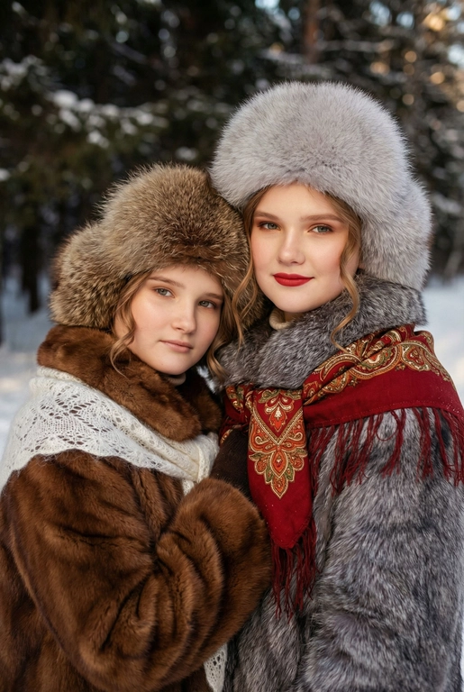 Создай кадр, который представляет собой теплый, уютный, слегка ностальгический зимний портрет в фэшн/фолк-стиле. Атмосфера спокойная, элегантная, дружеская близость двух моделей; сочетание высокой моды (мех, профессиональная ретушь) и фольклорной эстетики (вышитый шарф). Композиция и позирование: Форма кадра: портретный, вертикальный (соотношение примерно 3:4). Расположение: две женщины в центре кадра, тела и головы видны на груди; правая модель немного ближе к камере. Позы: девушки стоят близко друг к другу, левая модель слегка опирается на правую; плечи слегка повернуты к камере. Взаимодействие: мягкая улыбка, закрытое выражение лица, взгляд в камеру; дружелюбный, уверенный тон. Лица и макияж: Кожа: гладкая, естественная текстура, легкий эффект сияния. Глаза: аккуратные блики – оживляют взгляд; нейтральный/теплый макияж теней. Брови: естественная форма, слегка очерчены. Губы: у правой модели насыщенный матовый красный (центральный акцент), у левой – нежно-розовый нюдовый. Волосы: свободные пряди вокруг лица, несколько прядей с легкой волной для естественности. Шапки: большие пушистые меховые шапки с очень четко выраженной текстурой меха; справа – светло-серый мех, слева – коричневый мех. Форма: высокие, округлые, плотно сидят на голове, частично закрывают лоб – создают силуэт и рамку для лица. Верхняя одежда и текстуры: меховые пальто: густой натуральный мех у левой модели коричневый, у правой модели – светло-серый тон с видимым направлением волосков; богатая текстура и объем. У девушки справа на правом плече маленький платок с традиционным русским орнаментом – яркие цветы и листья, на фоне глубокого красного цвета с золотисто-терракотовыми, зелеными деталями; Тонкая бахрома ниспадает на ее плечо. У девушки слева на левом плече небольшой вязаный белый шарф с крупным ажурным узором, что добавляет контраста в текстуре и цвете. Окружение и фон: Лес: темные хвойные деревья, вертикальные силуэты стволов; снег на земле/вдали — размытый фон (боке).