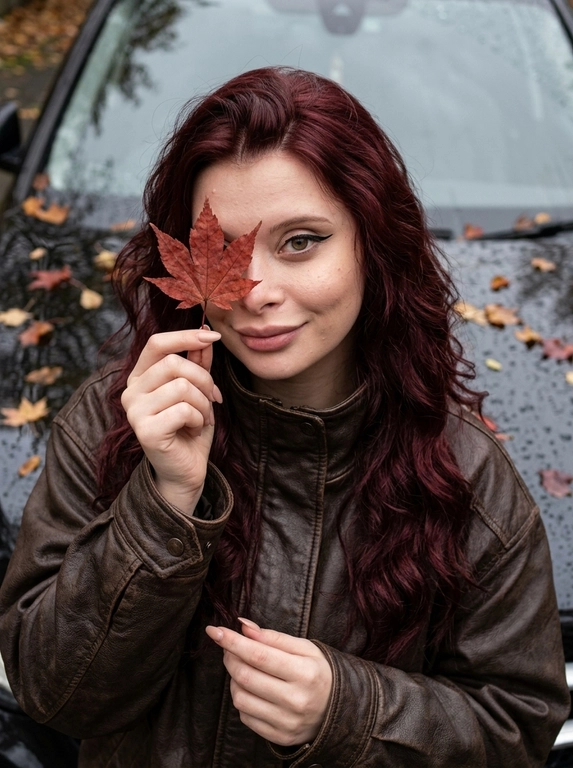 Осенний бьюти-портрет крупным планом. Лёгкий low-angle. Женщина стоит вполоборота вправо к камере. Женщина со стрелками закрывает один глаз кленовым листом у мокрого автомобиля. В одной руке она держит сухой кленовый лист перед одним глазом, глядя в кадр. Лёгкая улыбка на губах. Нюдовый маникюр. Другая рука опущена вниз вдоль тела.
На женщине оверсайз-куртка из тёмно-коричневой кожи с высоким воротом-стойкой.
Фон: глянцевый чёрный автомобиль с каплями дождя и прилипшими листьями. Прохладный рассеянный свет подчёркивает стрелки, прожилки листа, зернистую фактуру кожаной куртки и капли на лаке машины.
Стиль lifestyle-блога. Камера: 85mm, f/2.0, ISO 100, RAW. Звенящая резкость на открытом глазе, стрелке, листе и воротнике куртки, мягкое боке фона. Visible pores, no plastic skin, no AI smoothing.

Причёска: Волосы распущенные, уложены в мягкие естественные волны с лёгким объёмом. Пряди свободно обрамляют лицо и плавно спадают по плечам.

Доп. характеристики: Рост:180 вес 79, не меняй внешность 100%