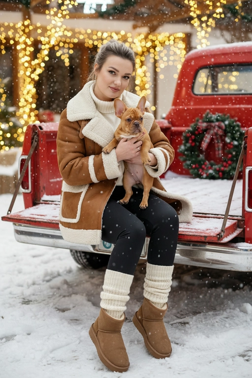 Портрет молодой женщины, сидящей на кузове винтажного красного грузовика. Девушка держит на руках животное. На ней коричневая дубленка с белой окантовкой из овчины по воротнику, манжетам и карманам, под дубленкой белый свитер с горловиной, черные лосины тканевые без блеска, на ногах укороченные, высотой до щиколоток коричнево-бежевые угги на платформе и кремовые гетры до середины икр, выглядывающие из уггов. 
Девушка смотрит в камеру, на ее лице легкая улыбка. 

На грузовике — праздничный рождественский венок. На земле лежит снег.

Мягкий снег падает. Атмосфера — реалистичная, теплая и немного кинематографичная. Сияющие рождественские огоньки и украшения создают яркую теплую атмосферу. Разрешение 8K, акцент на текстуру одежды, снег и сверкающие огоньки на заднем фоне. —ar 3:4 —v.

Не меняй черты лица.  На голове собранные волосы  Держит на руках французского бульдога медного цвета