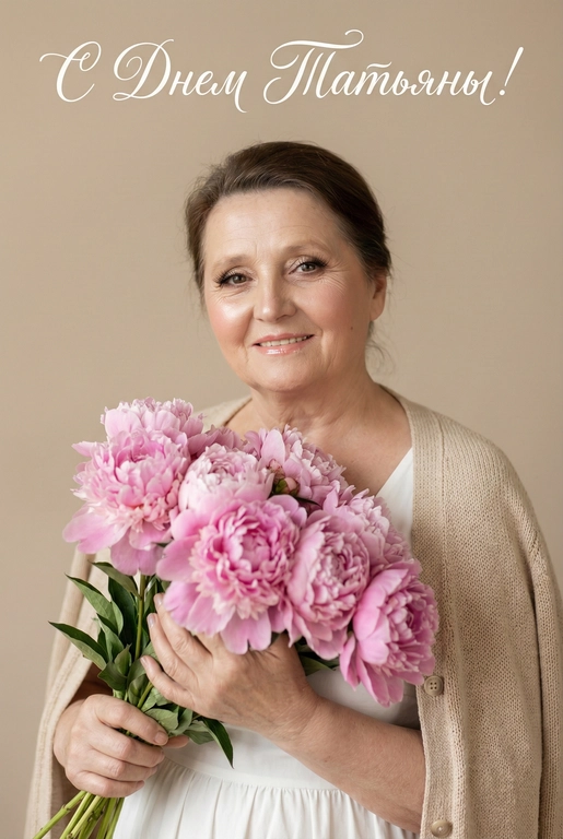 Нежный естественный портрет женщины, смотрящей в камеру и мягко улыбающейся. Она держит большой букет розовых пионов близко к груди. Уютное романтическое настроение. Белое платье, бежевый вязаный кардиган. Эффектный макияж на лице:  бежевые тени с лёгким мерцанием, длинные объемные ресницы, сияющий хайлайтер на скулах и кончике носа, блеск на губах,  легкий розовый румянец, сияющая кожа, нежная женская красота. 

Нейтральный бежевый фон. Мягкий рассеянный дневной свет, малая глубина резкости, кинематографическое боке. Стиль редакционной фотографии, теплая пастельная цветовая палитра, высокая детализация, реалистичная текстура кожи, эффект объектива 85 мм, f/1.8, лайфстайл-фотография. Наверху поверх фото белым красивым рукописным шрифтом с завитками написано:  : -  С Днем Татьяны!