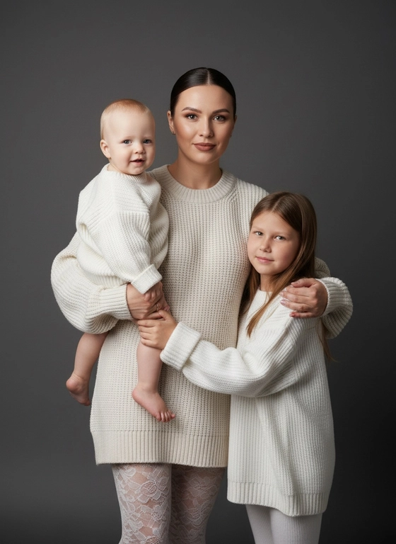 A woman stands holding a baby in one arm and hugging her older daughter with the other. All three are looking at the camera. A family portrait of a mother with two children, medium shot from the knees up. The mother is slightly turned to the left, the baby is sitting on the woman's arm, and the older daughter is standing close to her mother.

The woman has natural makeup with an even skin tone and a matte-satin lipstick in a natural pinkish-brown shade. Her hair is sleek and pulled back into a low, tight bun with a straight center parting.

The woman is wearing a loose, long, warm, off-white knit sweater with a large, textured ribbed knit. The long sleeves cover the wrists, the hem covers the hips, and she is wearing warm, off-white lace tights.

The baby is wearing a voluminous white knit sweater and a diaper, barefoot.

The girl is wearing a very loose, oversized white knit sweater with long sleeves that cover her wrists. White ribbed leggings.

The setting is a studio background, a smooth, deep, dark gray seamless background without texture. The lighting is soft, diffused studio light, soft side-front lighting, creating soft highlights on the skin and the texture of the knitted sweaters. The shadows are soft and blurred, with soft shadows under the chins and along the left sides of the figures. The contrast is medium, the overall tone of the frame is neutral, highly detailed, photorealistic, shot on a 50mm portrait lens. The faces are not altered.