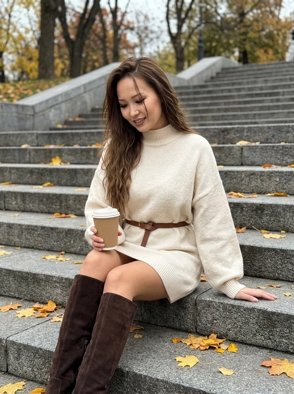 Ультрареалистичный дорогой lifestyle-снимок. В кадре женщина с объёмными распущенными волосами, уложенными с выраженным боковым объёмом. Несколько тонких прядей естественно падают на лицо.

Женщина сидит на широкой серой каменной лестнице в осеннем городском парке. Корпус слегка развёрнут в сторону камеры, ноги согнуты и направлены по диагонали вперёд. Одной рукой она держит закрытый стакан кофе навынос с крышкой, вторая рука свободно опирается ладонью на ступень рядом с телом. Голова слегка опущена и повернута в сторону, взгляд направлен вниз, на лице мягкая естественная полуулыбка.

На ступенях лежат сухие жёлтые и оранжевые опавшие листья. На заднем плане видны серые каменные ступени и осенние деревья с редкой листвой. Фон хорошо читается и не размыт.

Ракурс немного сверху вниз и слегка сбоку, камера расположена достаточно близко. Вертикальный кадр примерно от головы до колен, с лёгкой перспективой смартфона. Женщина занимает основную часть кадра. Естественный пасмурный дневной свет, мягкие тени, спокойная осенняя цветовая гамма из серых, коричневых, чёрных и приглушённо-золотых оттенков.

Мобильная съёмка на iPhone 17 Pro Max. Живое естественное фото без постановочного глянца и сильной ретуши. Натуральная текстура кожи, высокая детализация волос, камня и опавших листьев. RAW, realistic lifestyle photography, subtle smartphone sharpness, без размытия фона, без текста и водяных знаков.

Какая будет одежда?: На женщине мягкое объёмное платье-свитер кремового оттенка длиной до середины бедра, с высоким воротом и длинными свободными рукавами. Талия слегка подчёркнута тонким кожаным ремнём. На ногах высокие тёмно-коричневые замшевые сапоги до колена. В ушах небольшие золотые серьги. Образ уютный, дорогой и идеально вписывается в осенний парк.
