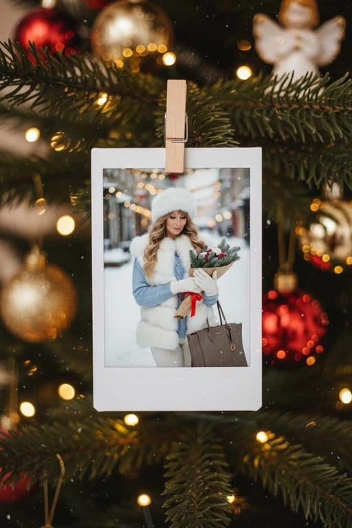 Создайте сцену с новогодней ёлкой в тёплом вечернем освещении. Главное — небольшая распечатанная фотография пользователя в стиле instant photo с белой рамкой, свисающая на ветке ёлки и закреплённая на ветке ёли деревянной прищепкой. Камера на уровне объекта, лёгкий макро-эффект, фокус на фотографии, малая глубина резкости. Ветви ели с тёмно-зелёной хвоей, вокруг тёплые жёлтые огоньки гирлянды с мягким боке. На фоне размытые новогодние украшения: стеклянные шары, фигурка ангела или игрушки, без отвлечения внимания. Освещение мягкое, тёплое, ламповое, с естественными отражениями на хвое и рамке фото. Атмосфера уютная, ностальгическая, ощущение домашнего праздника и памяти момента. Цветокоррекция тёплая, натуральная, лёгкое зерно, эффект живой любительской съёмки. Не меняй исходное фото пользователя.