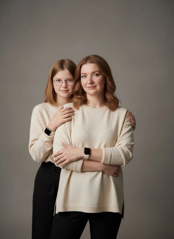Запрос:
Используй эти два фото мамы и дочери и создай для них студийный портрет в чистом и элегантном стиле. Они стоят рядом, очень близко друг к другу. Дочь мягко обнимает маму за руку и слегка к ней прижимается со спины. Мама сложила руки перед грудью. Образ минималистичный, современный и стильный. На руке у матери  и у дочери смарт часы Профессиональный макияж и прическа.  Не менять черты лица ни на 1 процент. Фон — нейтральный серый с мягкой текстурой. Освещение рассеянное, мягкое, подчёркивающее естественные тона кожи. Атмосфера тёплая, нежная и спокойная, в стиле журнальной съёмки. Обе в свободных свитера молочного цвета с подвернутыми рукавами и чёрных брюках.


#женщина #совместное #студия