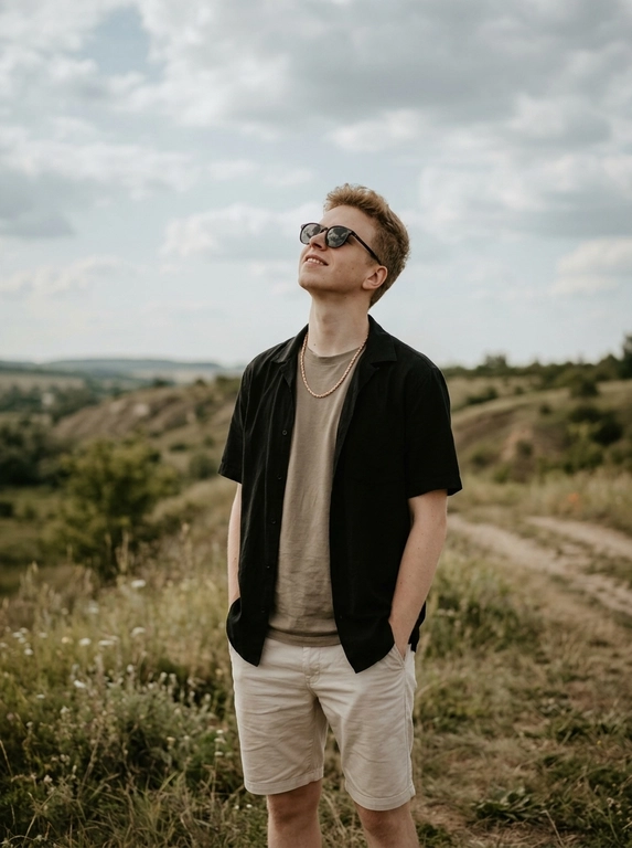 Создай фото, не меняя черты лица. Мужчина стоит на фоне холмистого природного пейзажа под облачным небом. Снимок выполнен в стиле спокойной lifestyle-фотографии с естественной композицией и мягким дневным светом. Атмосфера умиротворённая, свободная и немного кинематографичная. Цветовая гамма приглушённая, с землистыми оттенками, натуральной зеленью и мягким контрастом.

На мужчине чёрная рубашка с коротким рукавом, застёгнутая на несколько пуговиц, и светлые шорты. Руки расслабленно находятся в карманах. Он слегка запрокидывает голову и смотрит вверх. На лице тёмные солнцезащитные очки. Фон слегка размыт, акцент на человеке, реалистичная кожа, естественная поза, высокая детализация, без глянцевого AI-эффекта.