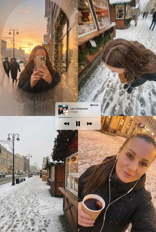   Многопанельный коллаж в стиле зимнего постера, передающий рождественскую атмосферу улицы, снятый как спонтанная фотография на iPhone. Сцена выглядит естественной, уютной и реалистичной: мягкий снегопад, тёплые отражения в окнах и едва заметная аналоговая зернистость создают праздничное, но сдержанное рождественское настроение. Все кадры объединены единым визуальным образом и ощущением зимнего уюта. 
 
В верхнем левом кадре — отражающая витрина магазина на закате. Слабые рождественские огни и матовые края стекла окружают человека, который держит телефон, частично закрывающий лицо. Тёплые блики света, гирлянды, уличные огни и проходящие силуэты создают мягкое размытие и многослойные отражения в стекле с естественным искажением кривизны. 
 
В верхнем правом кадре — крупный план, снятый сверху вниз, на заснеженном тротуаре или возле рождественского рынка. Человек небрежно наклоняется вперёд, создавая ощущение движения и спонтанности. Падающий снег формирует лёгкое размытие, а поверхность земли слегка искажается в зависимости от ракурса объектива, усиливая эффект съёмки с рук, без постановки. 
 
Нижний правый кадр — интимное селфи, сделанное сверху при тёплом уличном или кафешном освещении. В руках — праздничный напиток на вынос (кофе или глинтвейн), заметны проводные наушники. Детали хорошо проработаны, а мягкая зернистость усиливает ностальгическое рождественское настроение. 
 
В центре коллажа расположен минималистичный мини-плеер в стиле Apple Music, отображающий популярную рождественскую песню (например, «Last Christmas» или «All I Want for Christmas Is You»), выполненный в плоском, чистом дизайне без теней. 
 
Цветовая палитра тяготеет к тёплым янтарным, мягким красным, сосново-зелёным и приглушённым зимним серым тонам, создавая атмосферу праздничной близости, визуальной теплотой и эмоциональной узнаваемости — без ощущения постановки или футуризма.