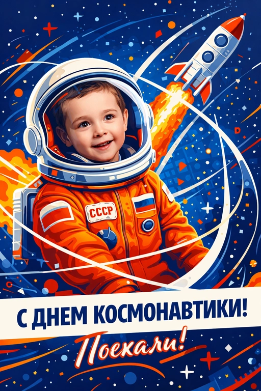 Создай яркий праздничный постер ко Дню космонавтики в стиле современной векторной иллюстрации. В центре кадра — персонаж из приложенного фото в белом космическом шлеме и оранжевом скафандре советско-российского типа, лицо хорошо видно через прозрачный визор, выражение лица живое и вдохновлённое. За персонажем — стремительно взлетающая ракета, динамичные дуги орбит, геометрические абстрактные формы и акценты, создающие ощущение движения и космической энергии. Чистый ярко-синий фон, контрастные белые, красные и оранжевые элементы, графичный постерный стиль, аккуратная stylized vector illustration, sharp shapes, clean composition, patriotic space aesthetic, high detail, vertical format. Внизу крупная белая плашка с надписью: «С ДНЕМ КОСМОНАВТИКИ!» и ниже рукописным стилем: «Поехали!»