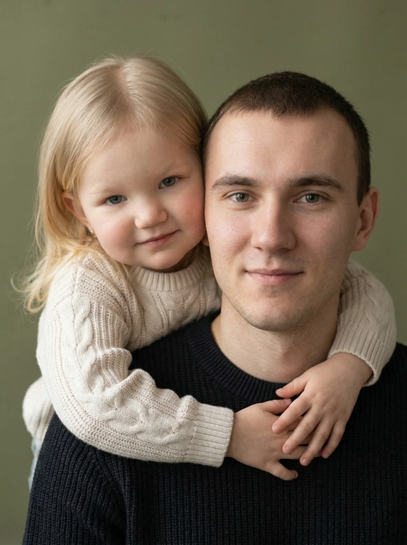 Создай портретный студийный кадр из фотосессии отца и его дочери для этих людей из присланных фото. Дочь нежно обнимает папу сзади, руки мягко сомкнуты на его груди, щекой слегка касается его головы. Оба смотрят прямо в камеру. Спокойные, тёплые, естественные эмоции, лёгкая улыбка.

Приглушенно-зеленый, почти хаки, минималистичный фон. Мягкий естественный рассеянный свет из окна, деликатные тени, акцент на лицах. Натуральная цветокоррекция, светлая чистая палитра, реалистичная текстура кожи без излишней ретуши.

Одежда — базовая и нейтральная: у отца тёмный трикотажный свитер, у дочери светлый вязаный свитер. Без принтов и логотипов.

Кадр — крупный или средний план, плотная композиция, ощущение близости и доверия. Профессиональная съёмка, 85mm lens, shallow depth of field, soft natural light, ultra realistic, high detail, family portrait photography.