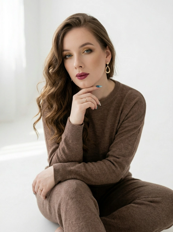 На изображении молодая женщина, одетая в коричневый костюм из брюк и кофты с длинными рукавами. Она сидит на полу, поджав под себя ноги. Её правая рука согнута в локте и поднята к лицу, кончики пальцев касаются подбородка. На пальце надето тонкое кольцо. Левая рука согнута в локте и опирается на колено. У женщины длинные волнистые каштановые волосы, уложенные на одну сторону. На ней макияж: подчеркнутые глаза с подводкой, тени и накрашенные губы. В ушах золотые серьги в форме капли. Фон нейтральный, белый.