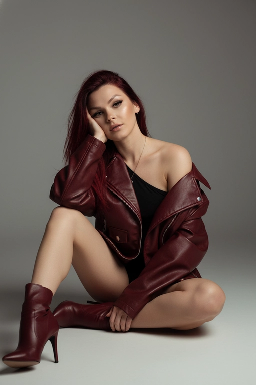 Максимально сохрани внешность и черты лица. Модный портрет уверенной в себе женщины, сидящей на полу студии в свободной тёмно-красной кожаной куртке (которая спадает с одного плеча, открывая плечо), под кожаной курткой — чёрный топ, и подходящих к ней высоких сапогах на шпильке; очень короткие шорты, которых не видно. Минималистичный фон в нейтральных серых тонах, мягкое студийное освещение, естественный гламурный макияж с едва заметными контурами, непринуждённо-шикарная поза, современная эстетика высокой моды, редакционный стиль Vogue, ультрареалистичная фотография 8K, кинематографичный тон, сбалансированная композиция, утончённое и минималистичное настроение. Голова опирается на руку. Не меняй черты лица.


Не изменять мою прическу